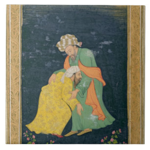 Ein Mulla, der unten zu einem Mann im iranischen Fliese