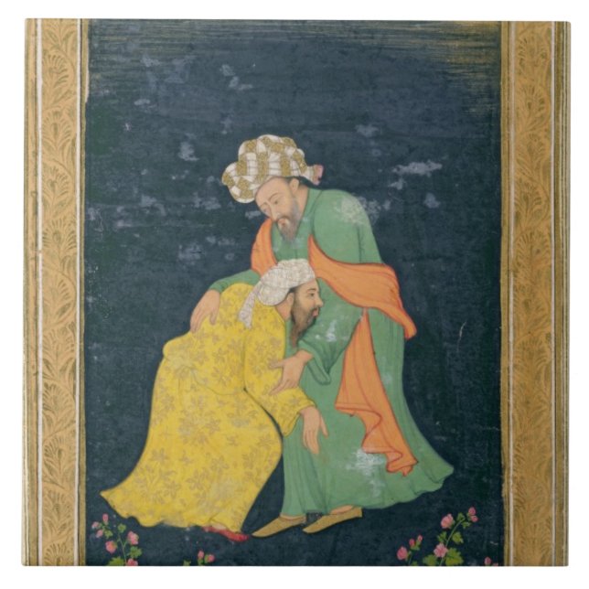 Ein Mulla, der unten zu einem Mann im iranischen Fliese (Vorderseite)