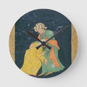 Ein Mullah beugt sich einem Mann im iranischen Kle Runde Wanduhr