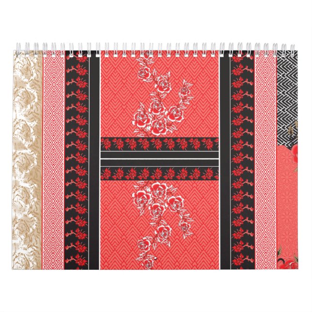 Ein nahes gemustertes, rotes und schwarzes Gewebe Kalender (Titelbild)