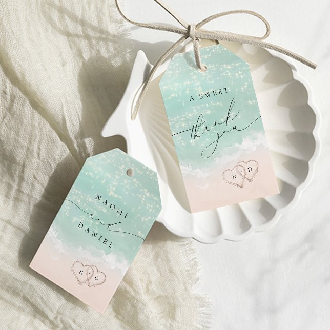 Ein netter Dank an den modernen Script Sand Hearts Geschenkanhänger (A Sweet Thank You Modern Script Sand Hearts Beach Gift Tags)