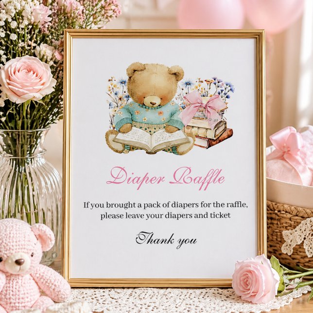 Ein neues Kapitel beginnt bald Bücher-Windel-Raffl Poster (A new chapter will soon begin baby shower girl, diaper raffle sign)