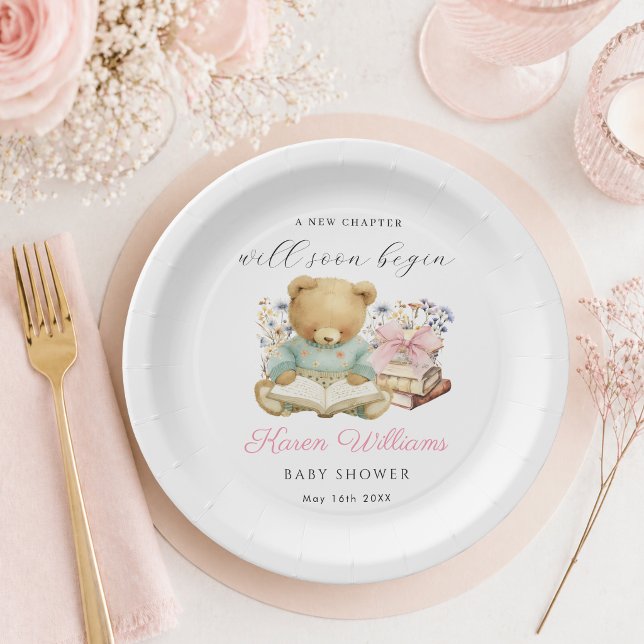 Ein neues Kapitel beginnt Bear & Bücher Pappteller (Elegant "A new chapter will soon begin" Baby Shower girl paper plates)
