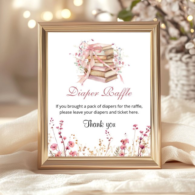 Ein neues Kapitel Beginnt Bücher Windel-Raffel-Sch Poster (A new chapter begin Pink coquette diaper raffle baby shower sign)