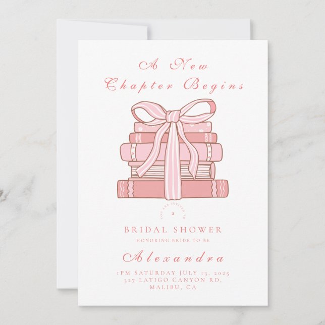 Ein neues Kapitel beginnt mit rosa Büchern und beu Einladung (Vorderseite)