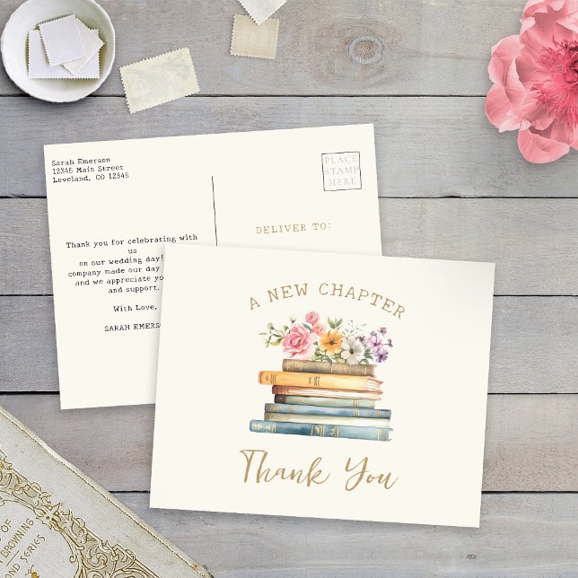 Ein neues Kapitel Brautparty Vielen Dank Postkarte (Wildflower Books A New Chapter Bridal Shower Thank You Postcard by Painted Paperie
)