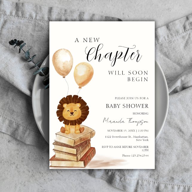 Ein neues Kapitel fängt die Löwenballon Babydusche Einladung (A New Chapter Begins Lion Balloon Baby Shower Invitation)