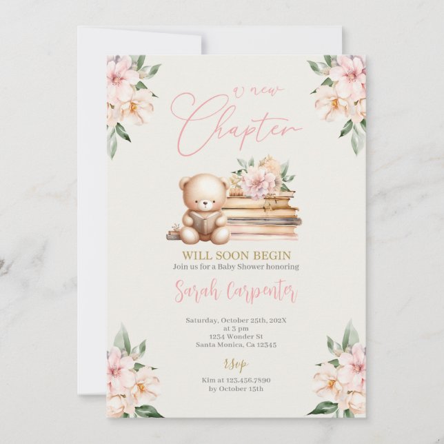 Ein neues Kapitel fängt Teddy Bear Baby Shower Gir Einladung (Vorderseite)