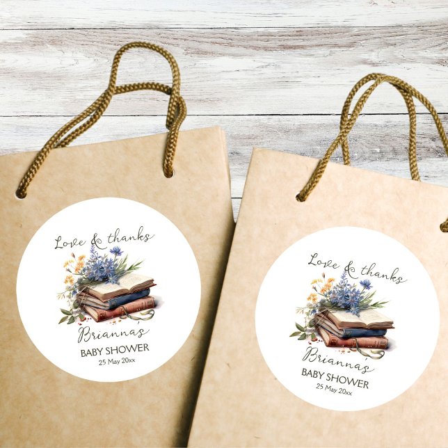 Ein neues Kapitel-Geschichte-Buch Babydusche Gefal Runder Aufkleber (A new chapter story book baby shower thank you favor sticker baby shower favors books wildflowers)