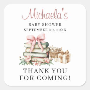 Ein neues Kapitel Pink Bow Books Baby Shower Danke Quadratischer Aufkleber