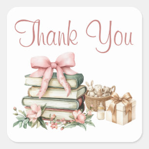 Ein neues Kapitel Pink Bow Books Baby Shower Danke Quadratischer Aufkleber