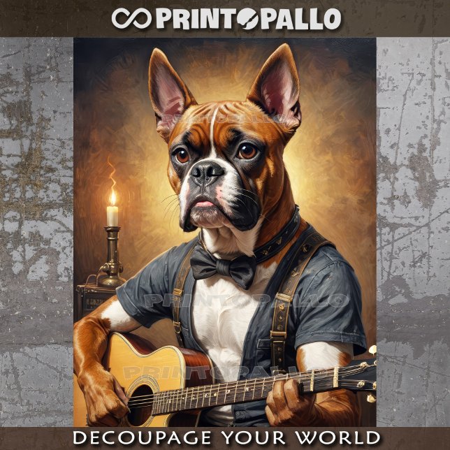 Ein niedlicher Boxerhund spielt Gitarre in seinem  Seidenpapier (Von Creator hochgeladen)