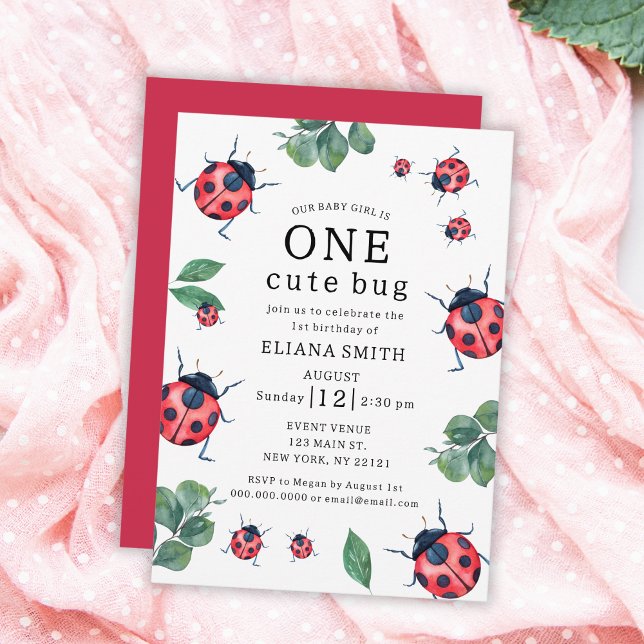 Ein Niedlicher Bug Watercolor Ladybug Girl 1. Gebu Einladung (One Cute Bug Watercolor Ladybug Girl 1st Birthday Invitation)