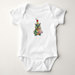 Ein niedlicher Cartoon-Triceratops mit einer Gebur Baby Strampler