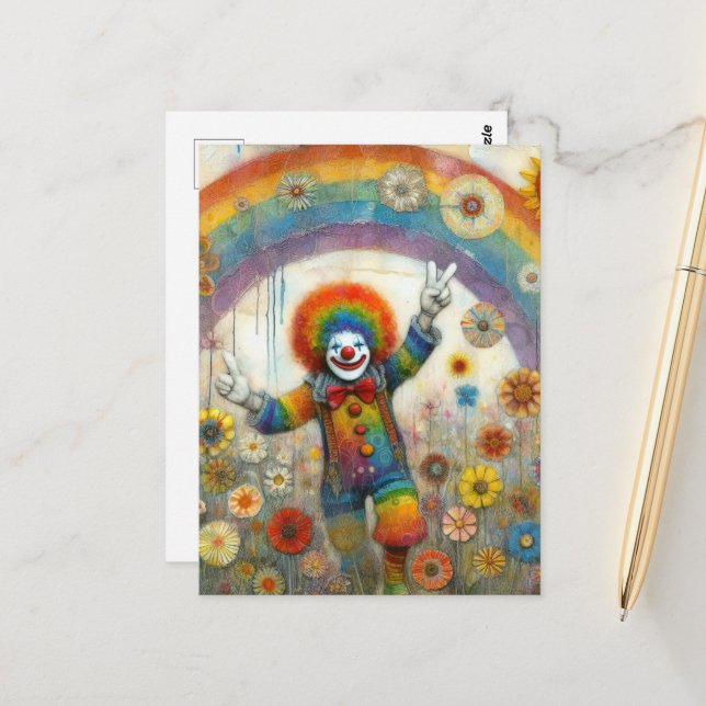 Ein Niedlicher Clown auf einer Regenbogenwiese Postkarte (Vorderseite/Rückseite Beispiel)