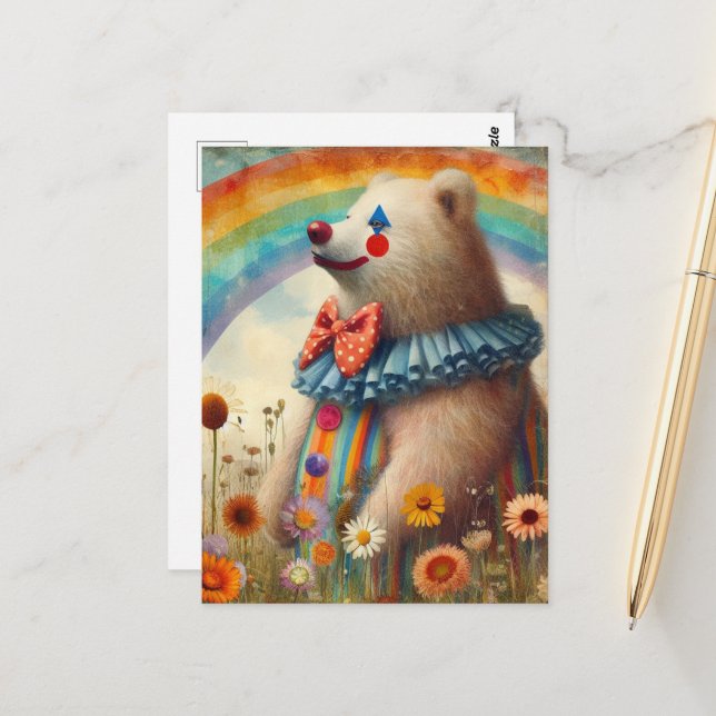 Ein Niedlicher Clown auf einer Regenbogenwiese Postkarte (Vorderseite/Rückseite Beispiel)