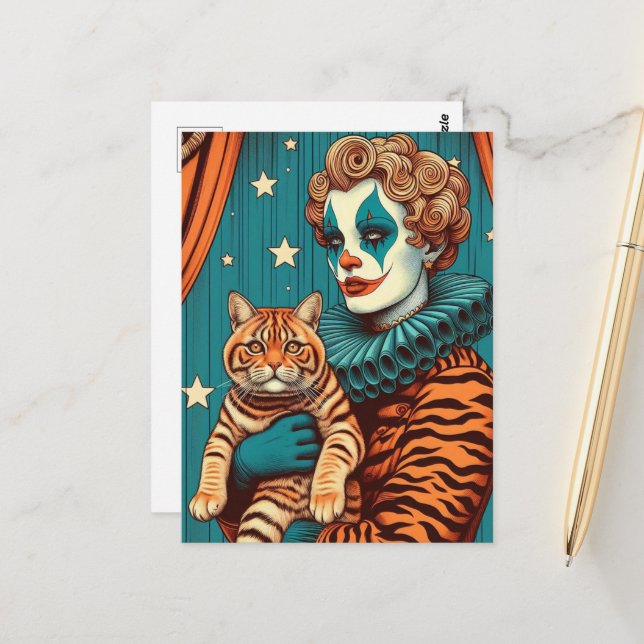 Ein Niedlicher Clown und Tabby Ginger Cat Postkarte (Vorderseite/Rückseite Beispiel)