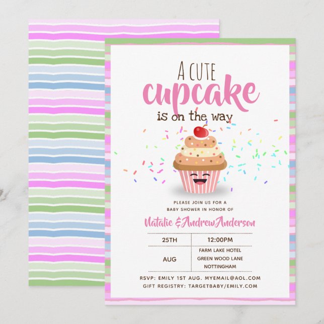 Ein Niedlicher Cupcake ist auf dem Weg Sprinkles G Einladung (Vorne/Hinten)