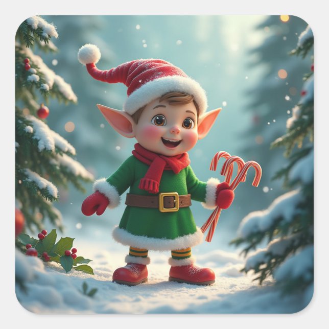 Ein niedlicher Elf mit einem Bonbons Quadratischer Aufkleber (Vorderseite)