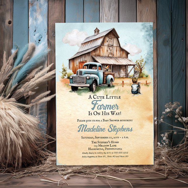 Ein Niedlicher kleiner Bauer | Truck Boy Babydusch Acryleinladungen (A Cute Little Farmer Barn and Truck Boy Baby Shower Acrylic Invitations)