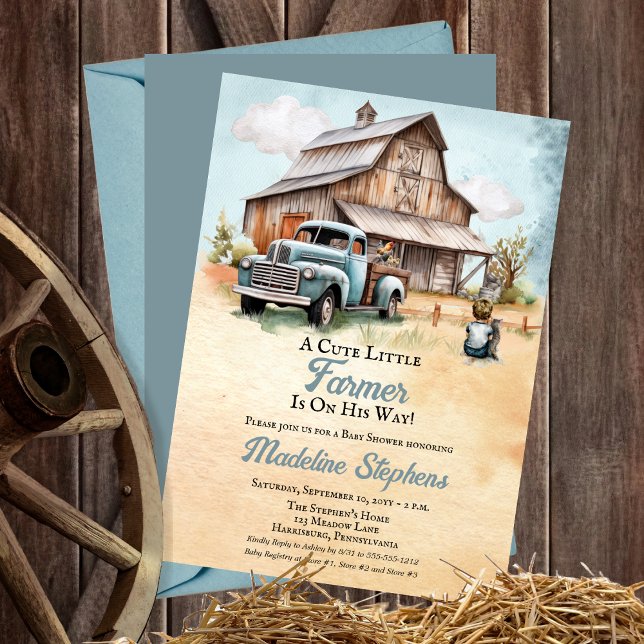 Ein Niedlicher kleiner Bauer | Truck Boy Babydusch Einladung ("A Cute Little Farmer Is On His Way!" Boy Rustic Barn | Vintage Truck Baby Shower Invitation)