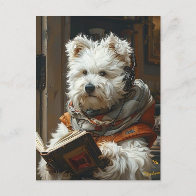 Ein Niedlicher kleiner Hund, der ein Buch liest Postkarte (Vorderseite)