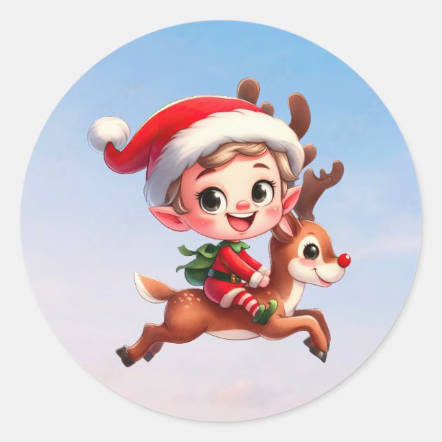 Ein niedlicher Weihnachtself auf Rudolph Runder Aufkleber (Vorderseite)