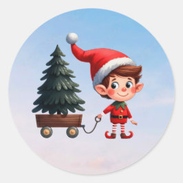 Ein niedlicher Weihnachtself, der einen Wagen mit Runder Aufkleber