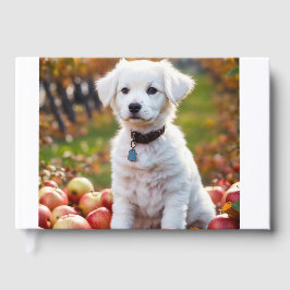 Ein niedlicher, weißer Welpe sitzt Gästebuch