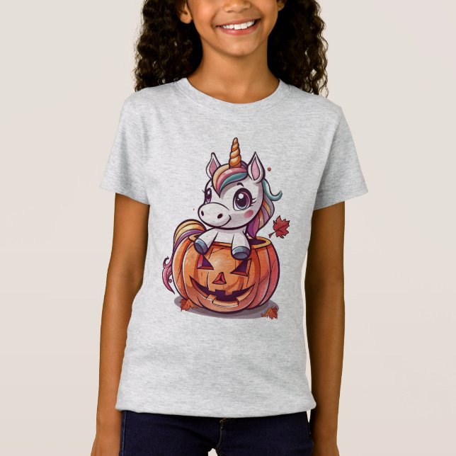 Ein Niedliches Einhorn im Halloween-Kürbis | Kinde T-Shirt (Vorderseite)