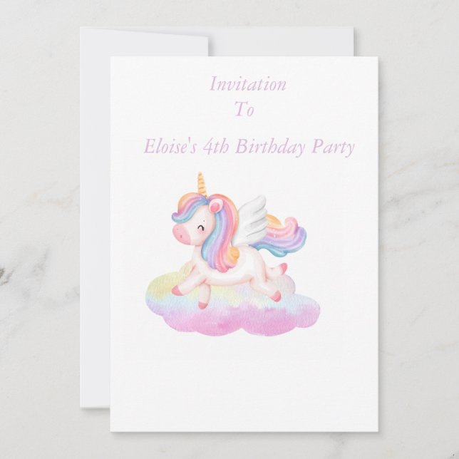 Ein Niedliches Illustriertes Einhorn am 4. Geburts Einladung (Vorderseite)