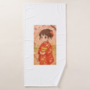 Ein niedliches japanisches Mädchen in einem Kirsch Badehandtuch