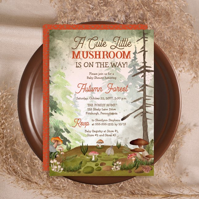 Ein Niedliches kleines Mushroom befindet sich auf  Einladung ("A Cute Little Mushroom Is On The Way!" Baby Shower Invitation)