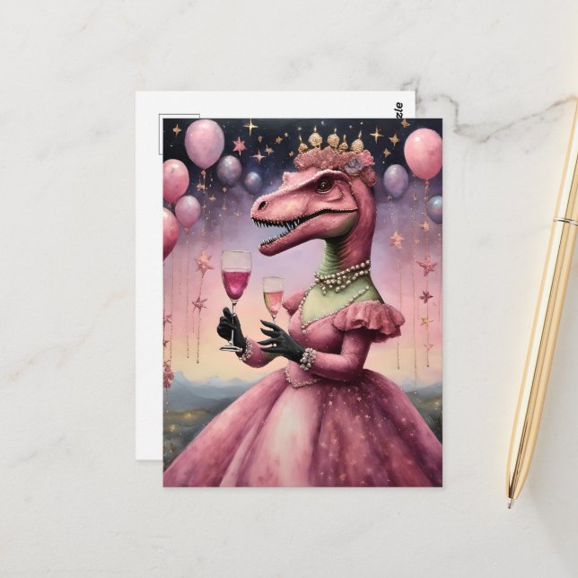 Ein Niedliches rosa Dino in einem Kleid Postkarte (Vorderseite/Rückseite Beispiel)