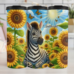 Ein Niedliches Zebra auf einem Sonnenblumenfeld Thermosbecher