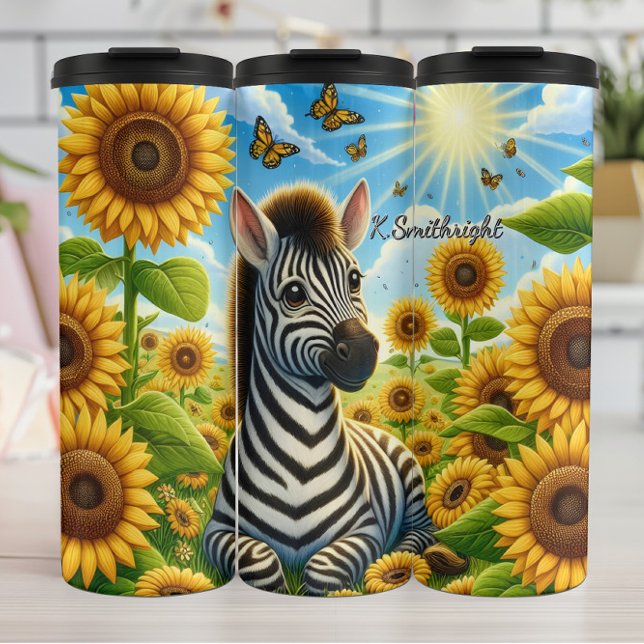 Ein Niedliches Zebra auf einem Sonnenblumenfeld Thermosbecher (Von Creator hochgeladen)