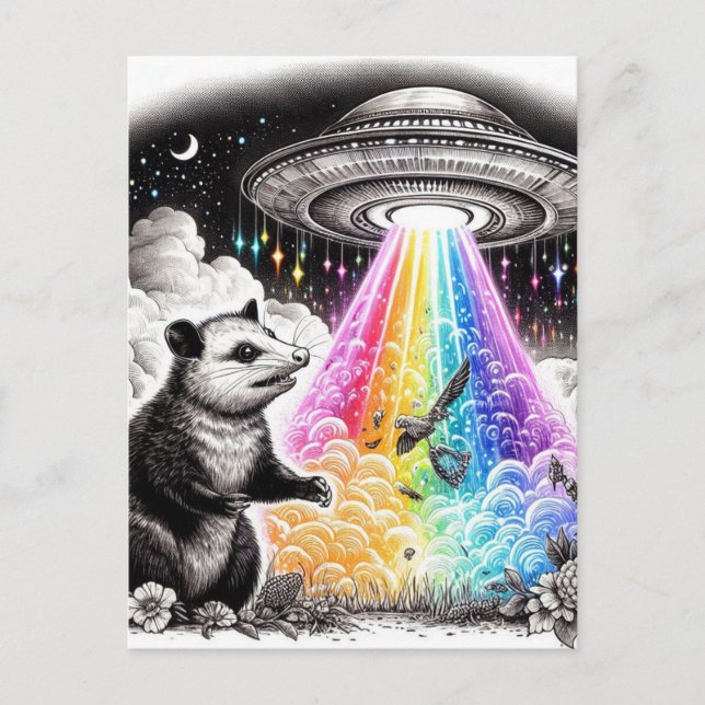 Ein Opossum und ein UFO Postkarte (Vorderseite)