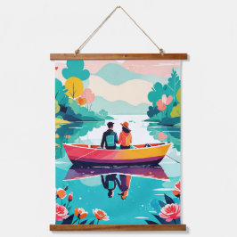Ein Paar auf einem Boot in einem See - Tapisserie Wandteppich Mit Holzrahmen
