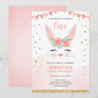 Ein paar Bunny Oaster Floral Pink Girl Geburtstag Einladung