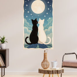 Ein paar Katzen in der Liebe Küssen unter dem Mond Poster