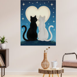 Ein paar Katzen in Liebe unter dem Mond Poster