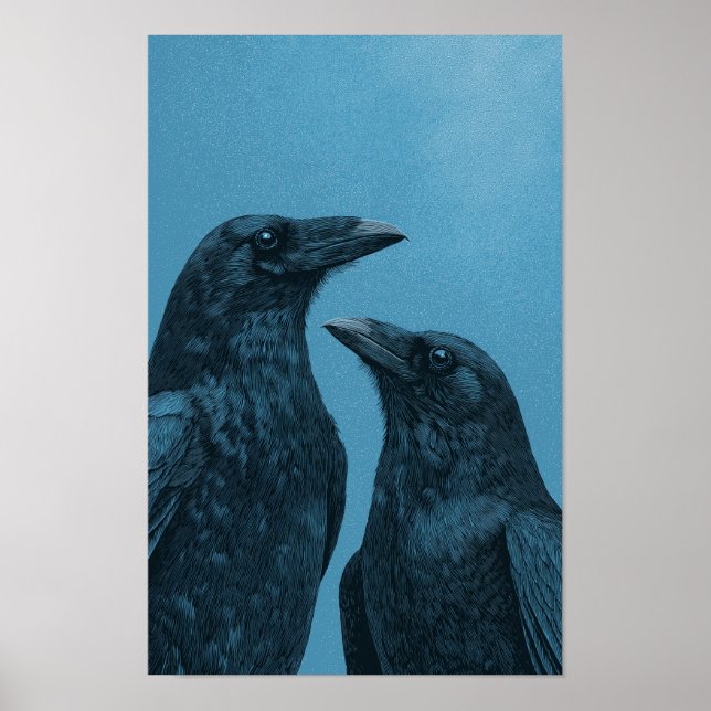 Ein Paar Krähen auf blauem Hintergrund Poster (Vorne)