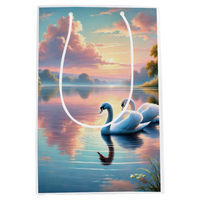 Ein Paar Schwäne, die auf einem ruhigen See gleite Mittlere Geschenktüte (Vorderseite)