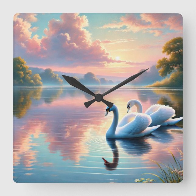 Ein Paar Schwäne, die auf einem ruhigen See gleite Quadratische Wanduhr (Vorderseite)