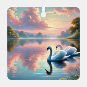 Ein Paar Schwäne gleitet auf einem ruhigen See Ornament Aus Metall