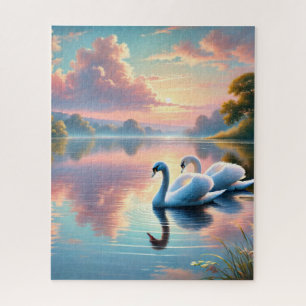 Ein Paar Schwäne gleitet auf einem ruhigen See Puzzle