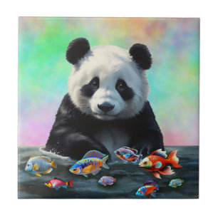 Ein Panda schaut neugierig auf schwimmende bunte F Fliese