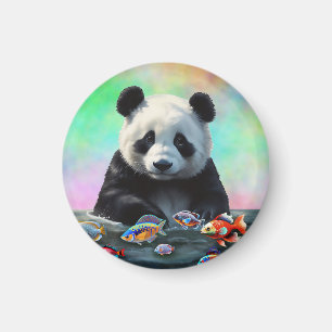 Ein Panda schaut neugierig auf schwimmende bunte F Magnet