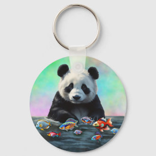 Ein Panda schaut neugierig auf schwimmende bunte F Schlüsselanhänger
