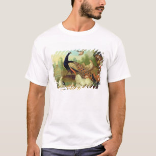 Ein Pfau, Tauben, Hühner und ein Jay in einem Par T-Shirt